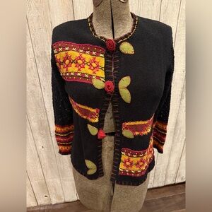 Susan Bristol Black Cardigan with Red and Yellow Embroidery